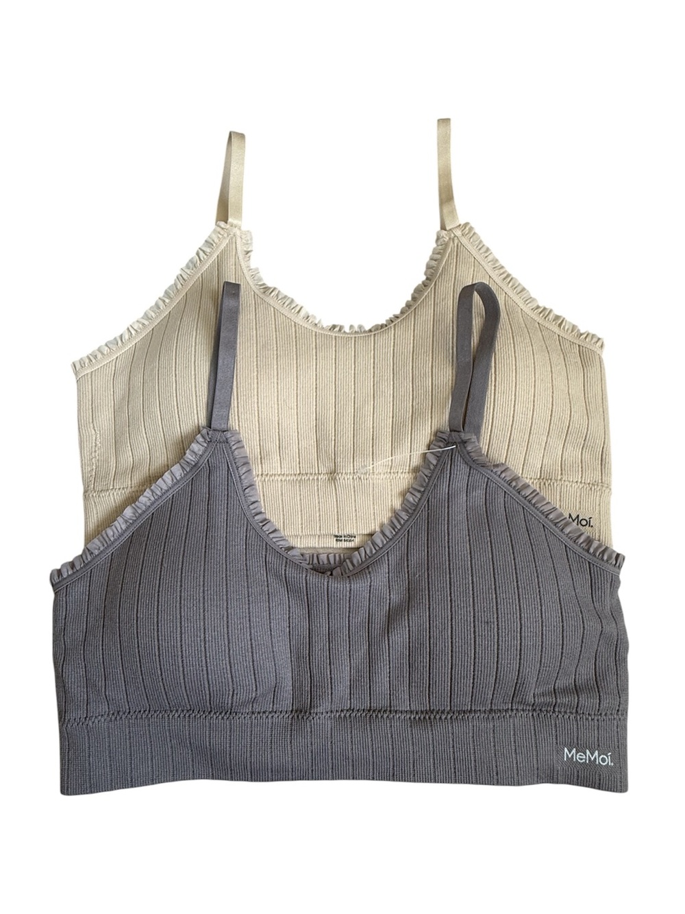 New Memoi Women's Seamless Ribbed
Ruffle-Trim Tag-Free Padded Bras Cream Gray L